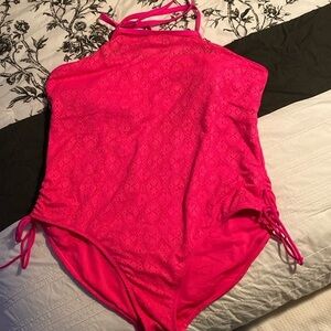 SO Bright Pink Lace High Neck One Piece Swim Suit Size 3X